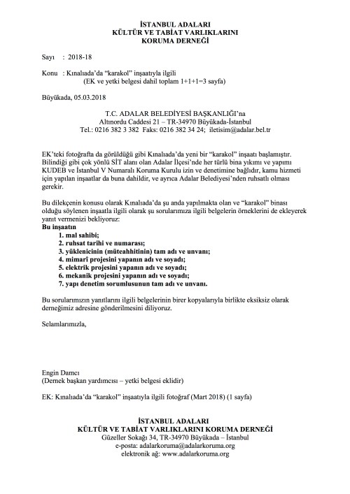 dernek sayı-2018-18D Kınalıada karakoluyla ilgili Adalar Belediyesi'ne 20180305